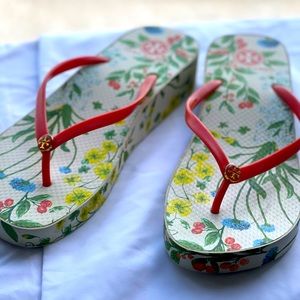 Tory Burch Floral Wedge Flip Flops EUC
